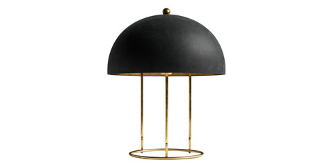 Modern table lamp with a black dome shade, gold metallic base, and sleek linear supports
