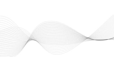 Monochrome abstract dotted wave flowing across a white background, featuring gray particle points creating elegant motion, depth, and a clean modern tech vector style