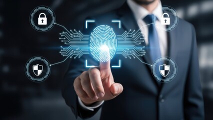 Biometric Security Access: Businessman touching a glowing digital fingerprint scan with network circuit lines for secure identity verification