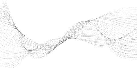 Minimal abstract dotted wave flowing on a white background, featuring smooth gray particle points creating elegant motion, depth, and a modern digital vector design