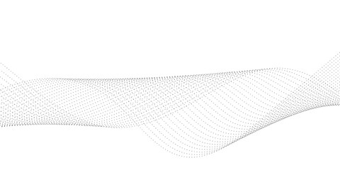 Minimal abstract dotted wave flowing on a white background, featuring smooth gray particle points creating elegant motion, depth, and a modern digital vector design