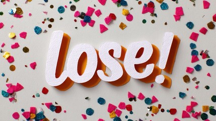 lose!" paper-cut over confetti-covered background