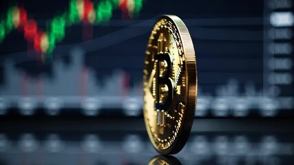 Gold bitcoin stands tall against financial charts. Cryptocurrency showcases investment growth and digital currency trends. Market fluctuations create dynamic trading atmosphere. - Powered by Adobe