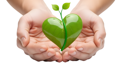 Two hands holding a green heart shaped leaf isolated on transparent background