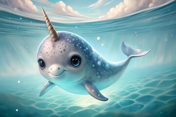 Digital illustration of a cute narwhal swimming underwater with a sunny ocean background