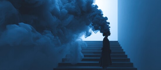 A person silhouetted on stairs amid swirling blue smoke, leading towards a bright opening
