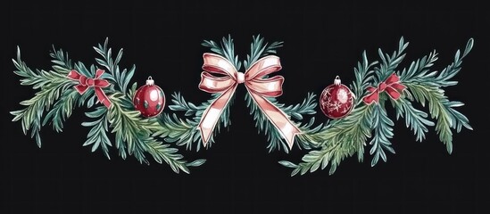 Watercolor Christmas Garland Border with Evergreen Branches, Red Bows, and Festive Ornaments on Black Background