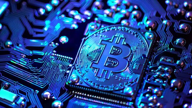 Close-up shots of cryptocurrency technology. Bitcoin symbol gleams in vibrant blue lights. Digital currency revolutionizes finance and investment. Futuristic atmosphere showcases innovation.