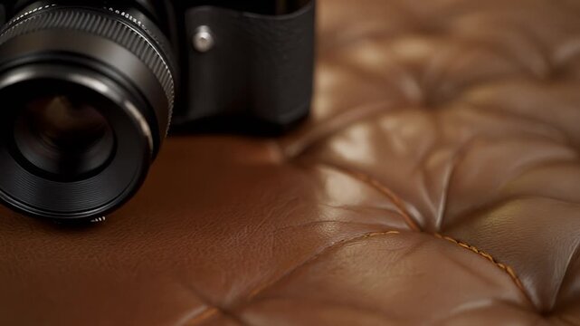 A close-up shot of a camera lens centered with focus. Leather texture with subtle dimples in the foreground with shallow depth of field