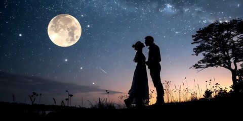 man and woman are kissing  in the moon light night background 