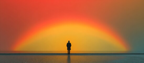 Solitary figure faces vibrant rainbow arc on neutral plane