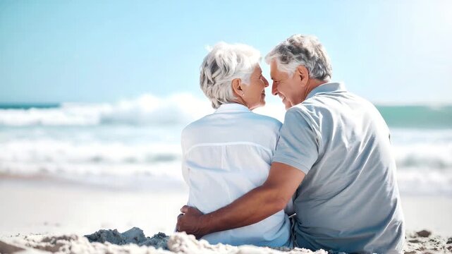 Loving senior couple sharing tender moment on sunny beach