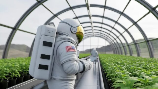 Astronaut Cultivating in Greenhouse: An astronaut in a spacesuit diligently tends to rows of plants within the controlled environment of a greenhouse.