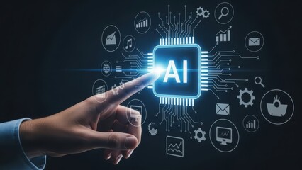 AI Processor Innovation: Hand touching a glowing artificial intelligence chip icon surrounded by digital marketing and data symbols