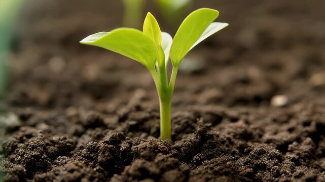 A close-up showcases a young plant sprouting from rich, dark soil. Its vibrant green leaves contrast with the brown earth, highlighting new life