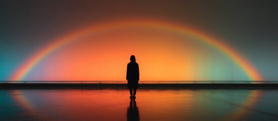 A silhouetted figure stands before a colorful double rainbow reflected in the smooth ground