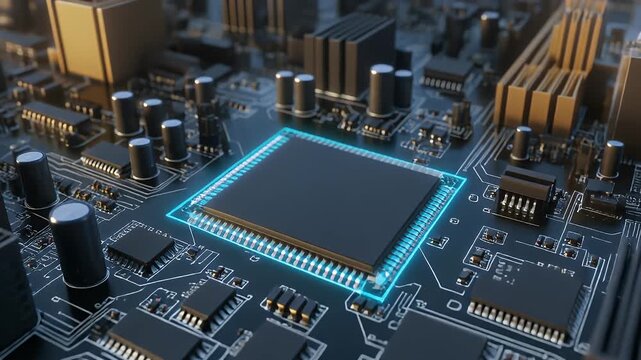 A close-up view of a circuit board. Various electronic components like processors, capacitors and heat sinks are clearly seen
