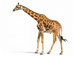 Naklejka premium Photo of a giraffe isolated on a white background. Tall African mammal with a long neck, ideal for wildlife, nature, and animal photography projects.
