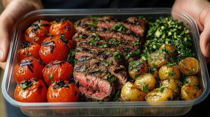 Hands holding a healthy meal prep container with grilled steak, roasted tomatoes, baby potatoes, and fresh herbs.