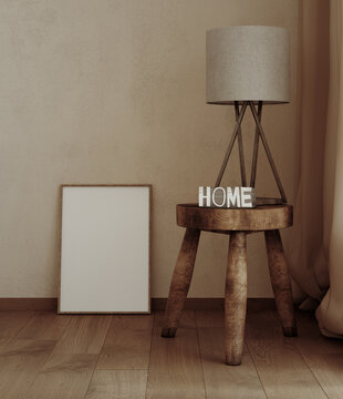 Frame mockup in cozy beige Japandi bedroom interior, 3d render