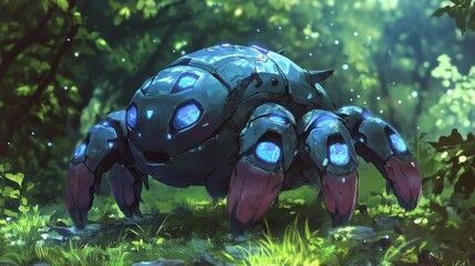 Futuristic Robotic Crab Insect with Luminous Blue Eyes in a Lush Enchanted Forest