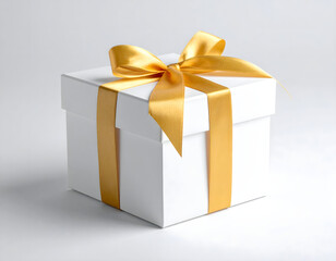 Obraz premium Isolated 3D festive red gift box with a golden ribbon and bow for a Christmas holiday celebration or birthday surprise package