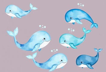 Fototapeta premium A whimsical set of watercolor painted whales in various shades of blue and grey, showcasing playful poses and ocean-inspired textures, wildlife, playful