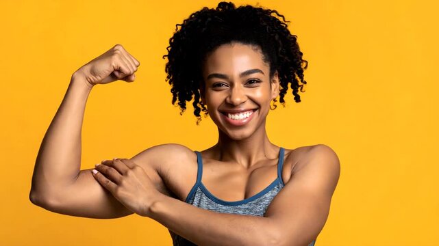 Confident woman flexing arm muscle with joyful expression