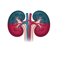 Detailed illustration of human kidneys with visible arteries and veins on transparent background
