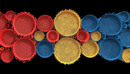 Abstract design of layered, multi-colored circles with intricate internal textures on a black background