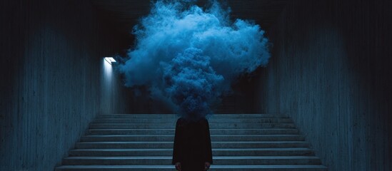 A silhouette stands before stairs with a blue smoky cloud replacing the head in a dark concrete space