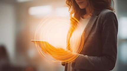 Woman holding tablet with glowing energy, futuristic technology concept, digital interface.