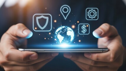 Global Data Security: Hands holding a smartphone with a glowing earth globe and shield icons for international privacy protection