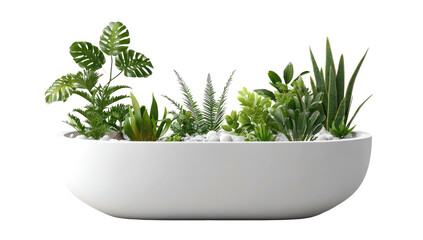 A white, modern, rounded planter filled with a variety of green, lush, and realistic plants