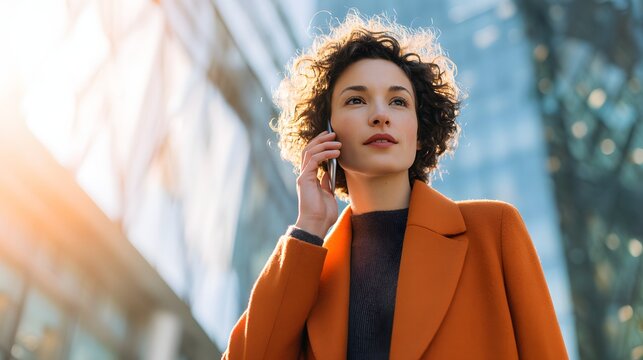 Woman in orange coat talking on phone in front of modern building.