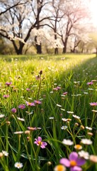Vibrant green meadow with delicate wildflowers, soft sunlight filtering through blooming trees, fresh atmosphere,  outdoors,  landscape