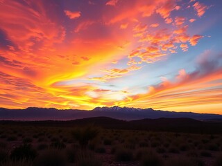 Vast, colorful sky ablaze with sunset hues over a distant mountain range, sunset,  serene