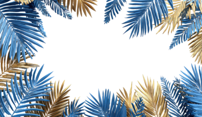 Artistic arrangement with gold and blue palm leaves framing a dark void