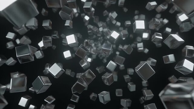 A dark scene showcasing numerous, metallic-like cubes floating in space. Some cubes are closer, some further away, with reflective surfaces