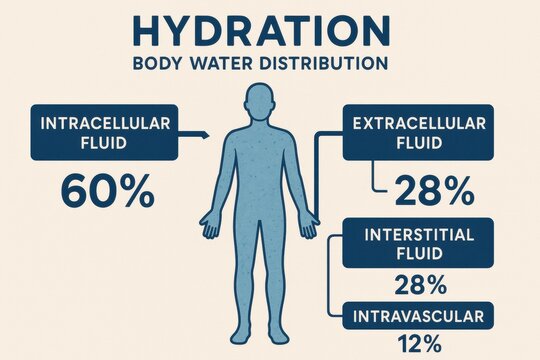 How water is distributed in the human body with clear percentages for different fluid types in a simple layout.