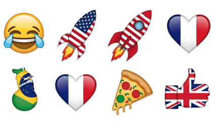 A collage of emojis representing the USA, France, Brazil, and the UK, with food and symbols set on a transparent background