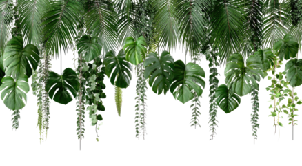Lush, digitally-rendered, assorted tropical leaves cascading, creating a natural green border