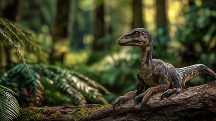 Obraz premium Velociraptor mongoliensis in lush forest perch