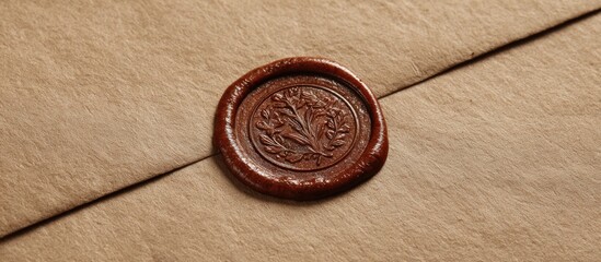 Close-up of a sealed envelope with a floral wax seal. Paper is textured and tan