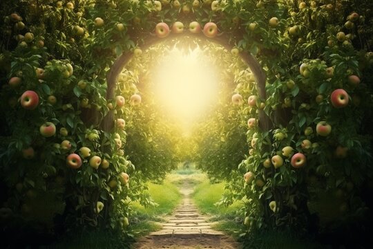 Stone path leading through an apple orchard archway with bright light at the end, creating a magical and inviting atmosphere