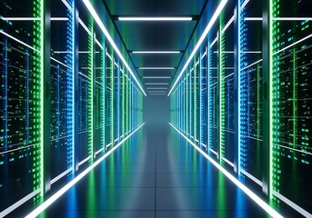 Futuristic Data Center - Server Room with Neon Lights and Reflections.