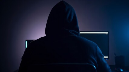 Mysterious hooded figure working on computer in dark room, back view.
