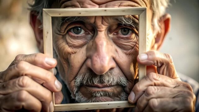 Elderly man holding frame around face with intense gaze