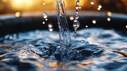 Clear water pouring and splashing into a basin, creating dynamic ripples and sparkling drops with golden reflections.