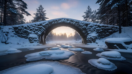 Picturesque winter scene of an ancient stone arch bridge spanning a partially frozen river, with snow-covered banks, floating ice floes, and a misty forest in the distance under twilight sky